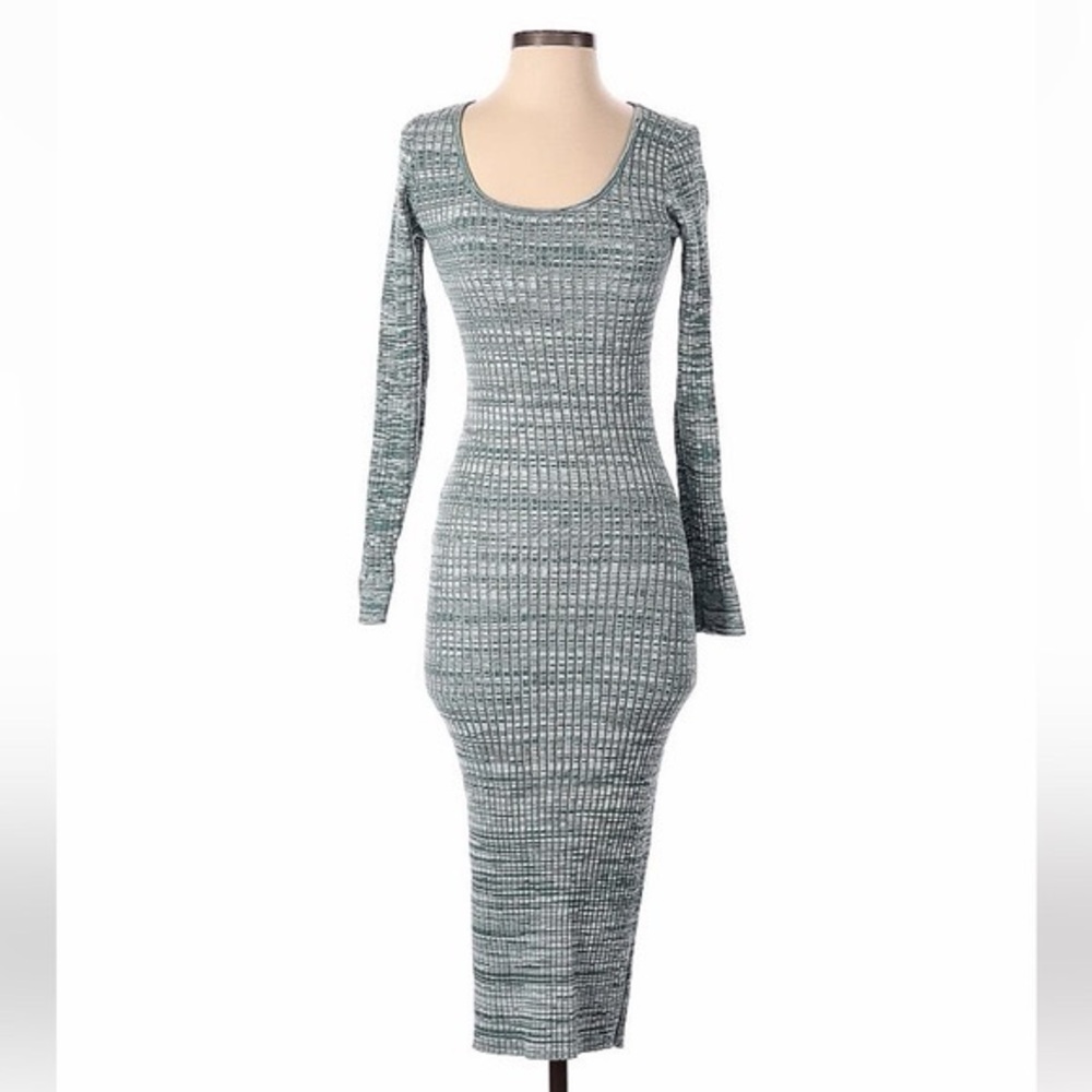 Forever 21 Long Sleeve Textured Dress in Green & White